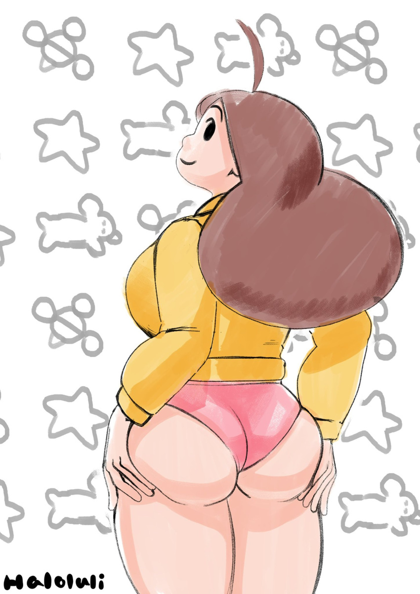 1girls back back_view bee_(bee_and_puppycat) bee_and_puppycat brown_hair haloluli light-skinned_female light_skin long_hair thick_thighs white_background