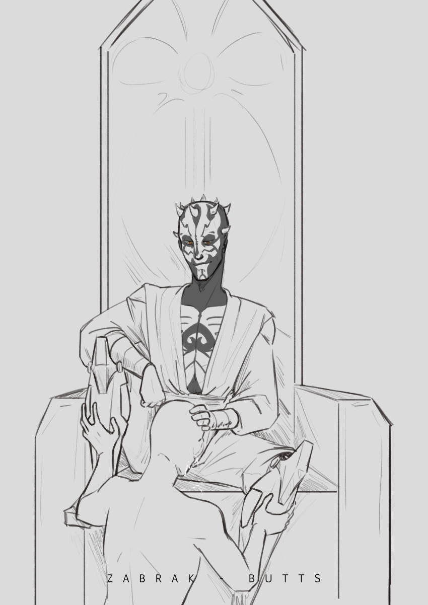 blowjob bodily_fluids body_markings butts_art clothing clothing_aside darth_maul fellatio hand_on_head hand_on_leg horns looking_at_another looking_down oral_penetration oral_sex robotic_legs sex sketch star_wars throne throne_room zabrak