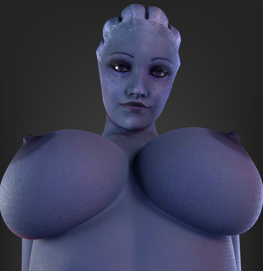 1girls 3d 3d_(artwork) alien_girl asari big_breasts blender_(software) blue_skin female female_only freckles large_breasts liara_t'soni looking_at_viewer low-angle_view mass_effect nude simple_background smitty34 solo tagme