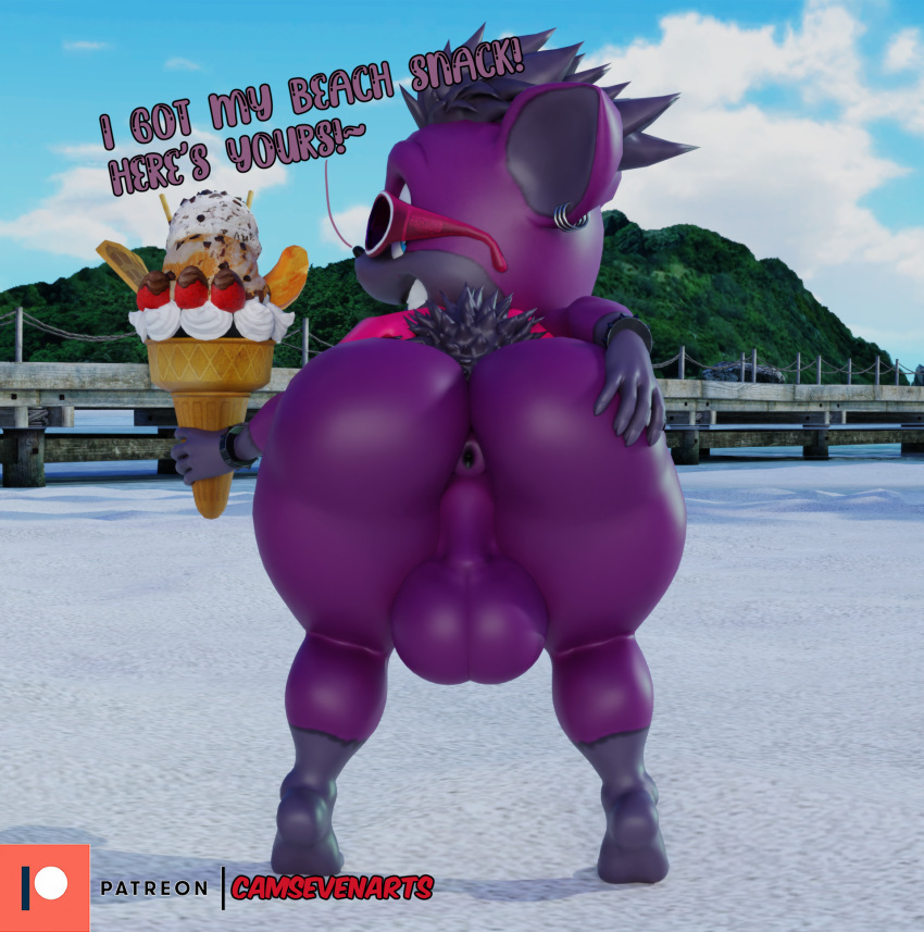 3d_(artwork) anthro anus ass backsack balls beach bent_over big_butt bottomless camseven clothed clothing dark_gaia dessert digital_media_(artwork) ear_piercing ear_ring english_text eyewear food fur genitals girly grey_hair hair hand_on_butt hi_res ice_cream looking_at_viewer looking_back male mammal notched_ear perineum piercing presenting presenting_anus presenting_hindquarters public purple_body purple_fur ring_piercing seaside sega smile solo sonic_(series) sonic_the_hedgehog_(series) sonic_unleashed sunglasses teapot_(body_type) text thick_thighs unknown_species watermark wide_hips wings