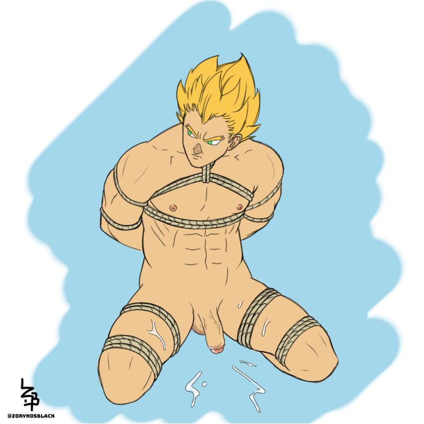 bondage cum dragon_ball flaccid handjob male male_focus male_only malesub masturbation nude orgasm penis solo solo_male vegeta zorynos_black