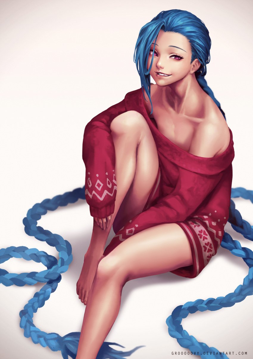 1girls arcane blue_hair bottomless braid christmas cute feet female female_only human jinx_(league_of_legends) league_of_legends light-skinned_female oopartz_yang red_eyes smile solo sweater sweater_only wholesome