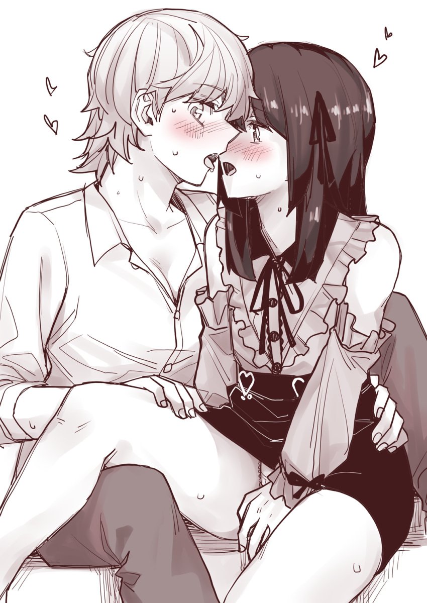 1boy akizakura_iori blush crossdressing female hearts_around_head ikemen_joshi_to_josou_danshi kissing long_hair_male mostly_monochrome official_art panties rindou_hazuki ruffled_collar ruffled_shirt ruffled_sleeves ruffles short_hair short_hair_female tadd upskirt wig