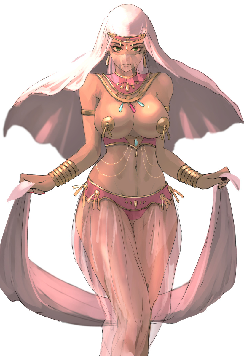 6maker arabian arabian_clothes belly_dancer belly_dancer_outfit breasts dancer dancer_outfit female femsub gold_pasties green_eyes harem_girl harem_outfit harem_pants huge_breasts looking_at_viewer menace's_dancer queen's_blade slave slavegirl submissive_female veil voluptuous