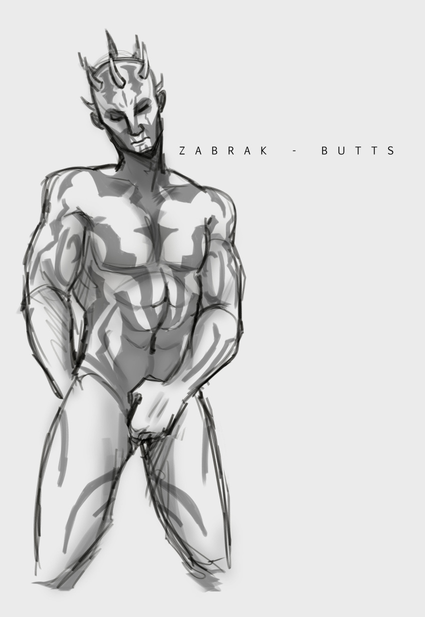 abs alien body_markings butts_art closed_eyes covering_crotch horns looking_down male male_only muscular muscular_male naked nude pecs posing savage_opress sketch solo solo_focus solo_male star_wars zabrak