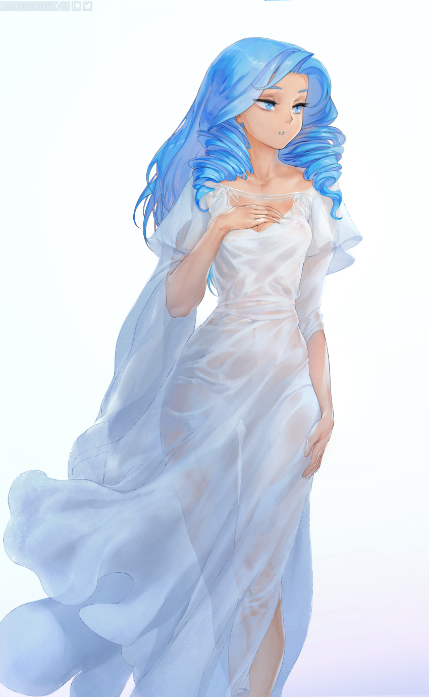 1girls blue_eyes blue_hair breasts cleavage clothed female long_dress long_hair medium_breasts naftosaur no_bra no_panties opuscule original patreon_reward see-through see-through_clothing side_drill solo thigh_gap twin_drills wet_clothes wet_dress white_dress