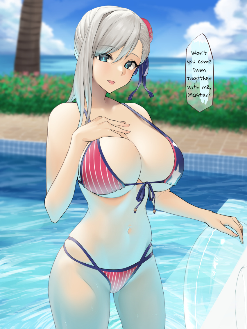 american_flag_bikini bangs bare_shoulders big_ass big_breasts bikini blue_eyes blush breasts bun_cover cleavage collarbone curvy dialogue english english_text fat_ass fate/grand_order fate_(series) female flag_print hair_bun hair_ribbon hand_on_breast highres hourglass_figure huge_ass huge_breasts karakari large_ass large_breasts long_hair looking_at_viewer midriff milf miyamoto_musashi_(fate) miyamoto_musashi_(swimsuit_berserker) miyamoto_musashi_(swimsuit_berserker)_(fate) miyamoto_musashi_(swimsuit_berserker)_(second_ascension)_(fate) navel open_mouth pink_hair pool poolside revealing_clothes ribbon single_side_bun smile solo speech_bubble standing stomach swept_bangs swimsuit text thick_ass thick_thighs translated voluptuous water wide_hips