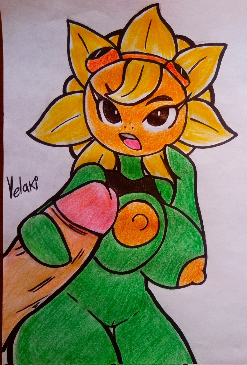 big_breasts big_penis breast colored_pencil_(artwork) eyelashes female goggles_on_head green_body green_skin huge_breasts huge_cock nipples penis plant plant_girl plantie plants_vs_zombies plants_vs_zombies:_heroes solar_flare_(pvz) sunflower sunflower_(pvz) thick_thighs thin_waist tits yelaki yellow_nipples