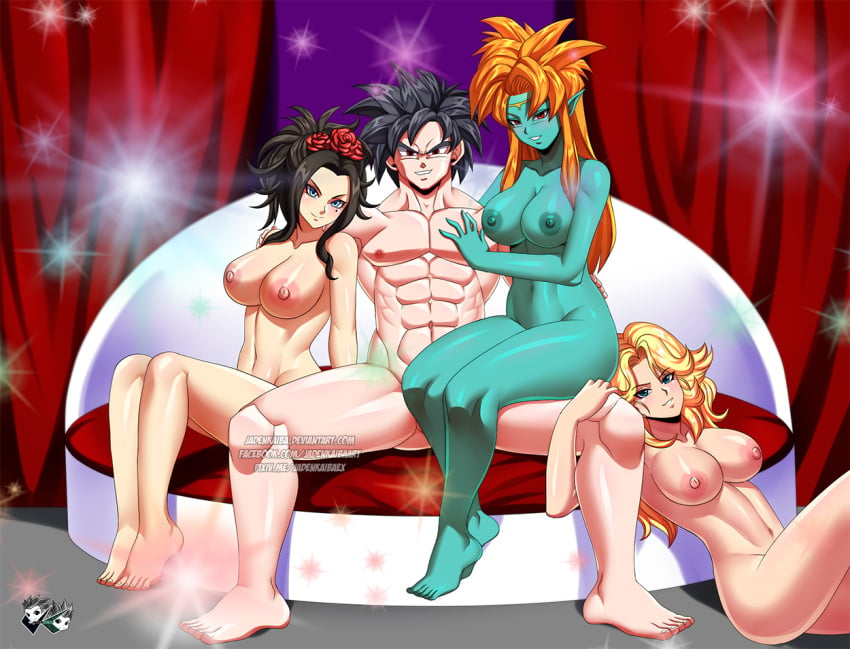 1boy 3girls beauty_mark big_breasts black_hair blonde_hair blue_eyes blue_skin breasts crossover debora_briscoletti dragon_ball dragon_ball_(classic) dragon_ball_gt dragon_ball_z dragon_quest dragon_quest_v female femsub flower flowers_in_hair green_skin harem hasky huge_breasts jadenkaiba large_breasts long_hair looking_at_viewer male mamba mamba_(dragon_ball_gt) muscular muscular_male nude nude_female nude_male orange_hair original_character pimp pointy_ears red_eyes saiyan sitting_on_thigh spiky_hair submissive_female thick_thighs voluptuous