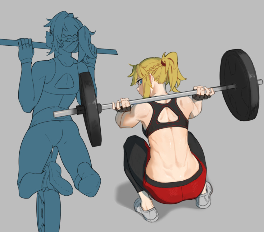 ass clothed clothes clothing fate/grand_order fate_(series) female female_focus hirundo_rustica hong_doo lifting_weights light-skinned_female light_skin mordred_(fate) mordred_(fate/apocrypha) shoes simple_background squat squatting tied_hair weightlifting working_out workout workout_clothes yellow_hair