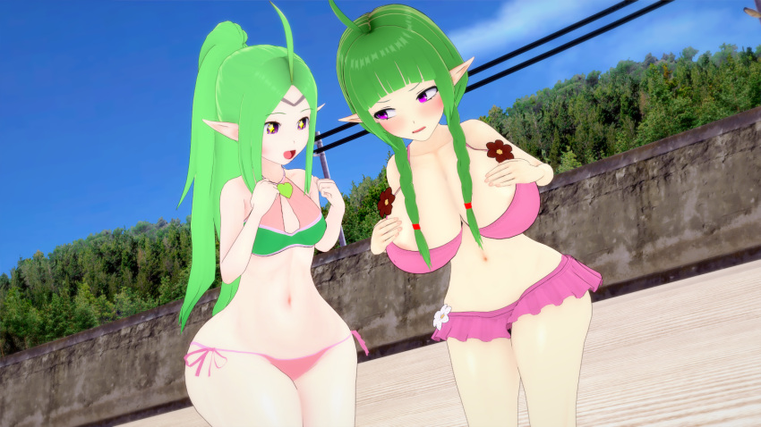 2girls 3d alternate_ass_size alternate_breast_size alternate_costume beach big_breasts bimbo blush braids breasts cleavage clouds female female_only fire_emblem fire_emblem_awakening green_bikini_top green_hair green_swimsuit hips huge_breasts large_breasts manakete mother_and_daughter multiple_girls nah_(fire_emblem) navel nintendo nowi_(fire_emblem) pink_bikini pink_swimsuit pointy_ears ponytail purple_eyes rhcpftw short_stack shortstack side-tie_bikini sky symbol-shaped_pupils thick_thighs thighs trees wide_hips