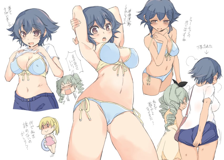 3girls abenattou anchovy armpits bikini blonde_hair blonde_hair_female carpaccio female female_only girls_und_panzer multiple_girls open_mouth pepperoni_(girls_und_panzer) ponytail short_sleeves swimsuit swimsuit_under_clothes swimwear text tied_hair yellow_hair