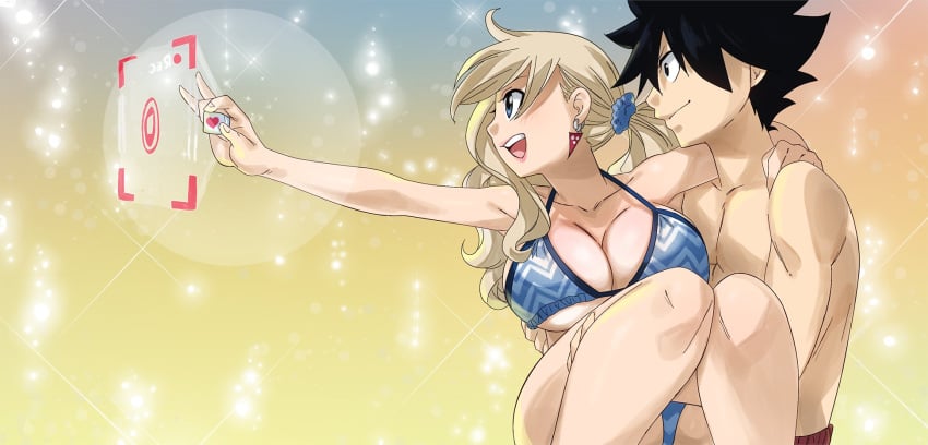 1boy 1boy1girl 1girls b-cube b_cube big_breasts bikini black_eyes black_hair blonde_hair blue_eyes bridal_carry carrying carrying_partner edens_zero gaston18 long_hair open_mouth rebecca_bluegarden recording recording_device recording_video shiki_granbell short_hair smiling