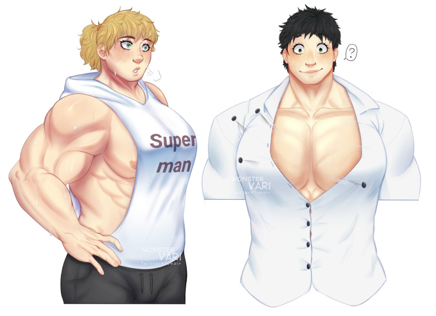 2boys ? ambush_(trap) big_pecs black_hair blonde_hair blush breath bursting_clothes bursting_pecs cleavage hand_on_hip hayami_masaki hoodie kengan_(series) kengan_ashura kengan_omega male male_only muscular muscular_male open_shirt pecs ponytail popped_button pyo_val rihito sidepec sleeveless_shirt smile sweat wardrobe_malfunction workout_clothes