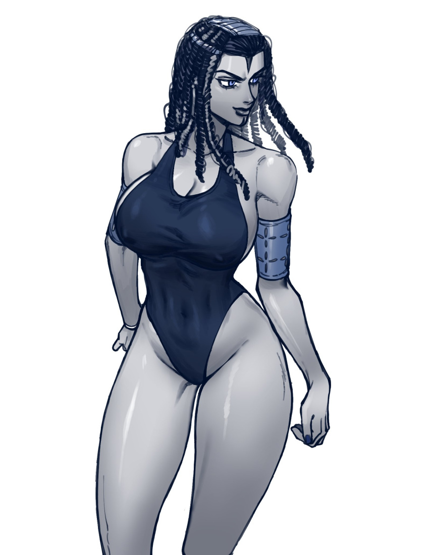 1girls big_breasts big_thighs black_hair breasts dark-skinned_female dark_skin dreadlocks ermes_costello female female_only fully_clothed human jojo's_bizarre_adventure latina long_hair monochrome one_piece_swimsuit saint_jojo shounen_jump solo solo_female solo_focus stone_ocean swimsuit thighs