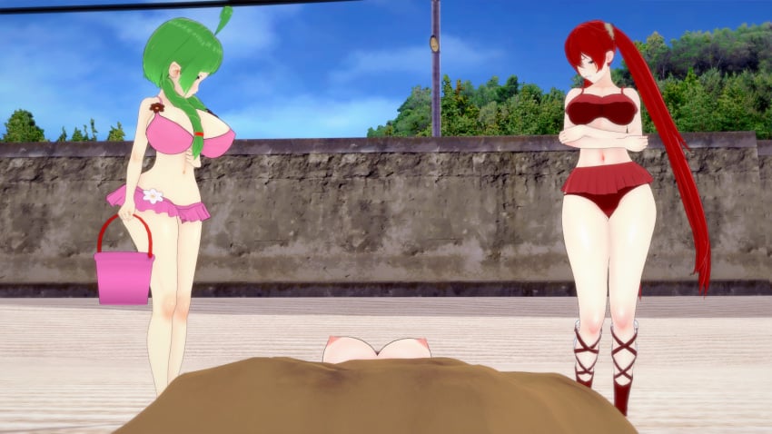 3d 3girls ahoge alternate_breast_size alternate_costume beach bikini boots braids breast_expansion buried cleavage clouds female female_only fire_emblem fire_emblem_awakening huge_breasts morgan_(fire_emblem) morgan_(fire_emblem)_(female) multiple_girls nah_(fire_emblem) nintendo nipples pail pink_bikini pink_swimsuit red_bikini red_hair red_swimsuit rhcpftw sand severa_(fire_emblem) sky trees twintails