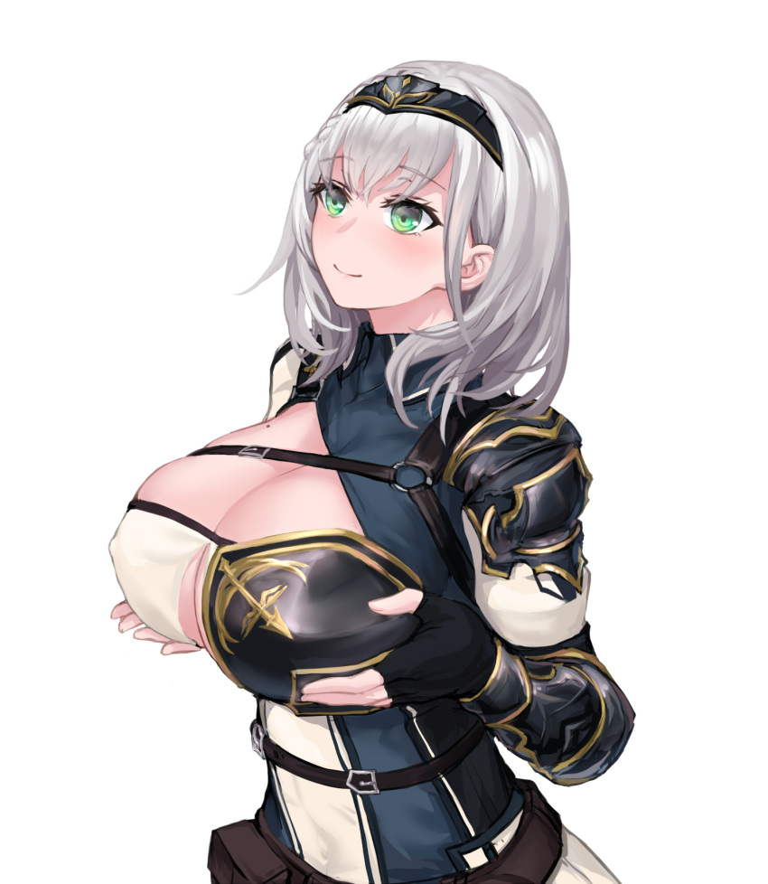 alternate_version_available armor armored_dress bangs belt belt_pouch black_gloves blush braid breasts brown_belt chest_guard cleavage cleavage_cutout closed_mouth clothing_cutout collared_dress commentary_request covered_nipples dress eyebrows_visible_through_hair female fingerless_gloves french_braid gloves green_eyes highres hololive hololive_fantasy hololive_japan huge_breasts large_breasts medium_hair mole mole_on_breast paizuri_invitation pauldrons pouch shirogane_noel shoulder_armor simple_background single_pauldron solo upper_body virtual_youtuber wavy_hair white_background white_hair yeklsa