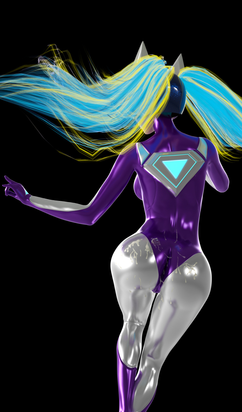 3d blue_hair bodysuit cum_drip cum_on_ass cum_on_body dj_sona league_of_legends sona_buvelle suggestive