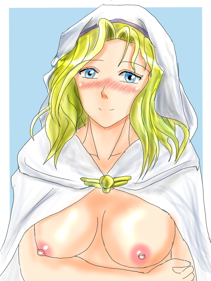 1girls blonde_hair blue_eyes breasts female female_only fire_emblem fire_emblem:_the_sacred_stones hisashiro hood long_hair looking_at_viewer medium_breasts naked_hood natasha_(fire_emblem) nintendo nipples nude nude_female nun smile solo