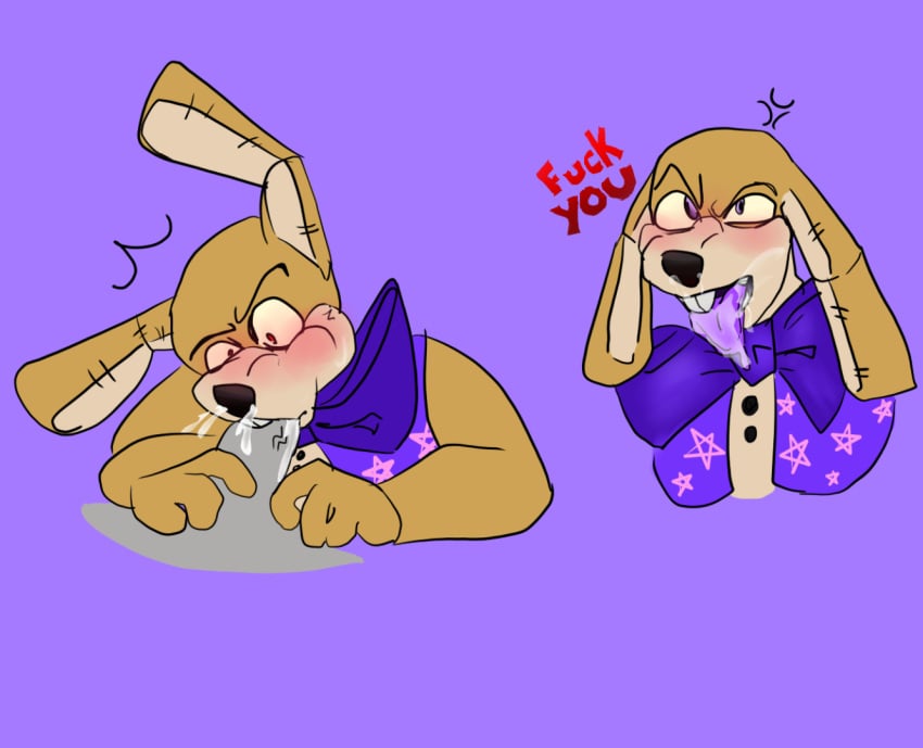 anon anonymous blowjob bunnysuit colored cum_drip cum_in_mouth cum_out_nose cussing five_nights_at_freddy's five_nights_at_freddy's:_help_wanted gay glitchtrap grey_body male male_only purple_background purple_eyes red_eyes simple_background surbbarks william_afton yellow_fur