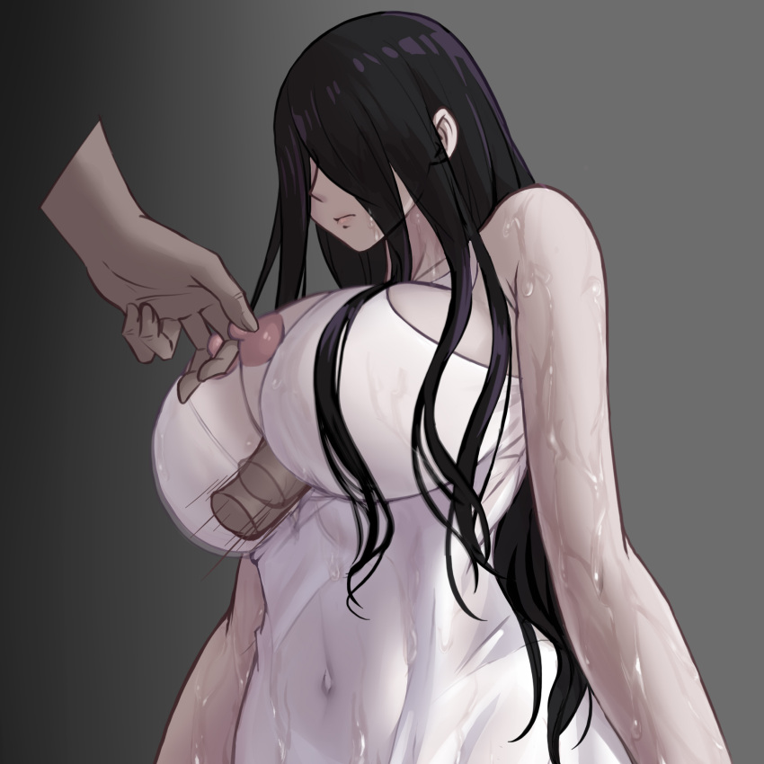 1boy bangs bar_censor black_hair breasts censored chinese_commentary closed_mouth commentary_request covered_navel dress expressionless female gradient gradient_background grey_background hair_between_eyes hair_over_eyes highres large_breasts long_hair nipple_pull paizuri partial_commentary penis solo_focus straight the_ring upper_body wet wet_clothes white_dress yamamura_sadako yeklsa