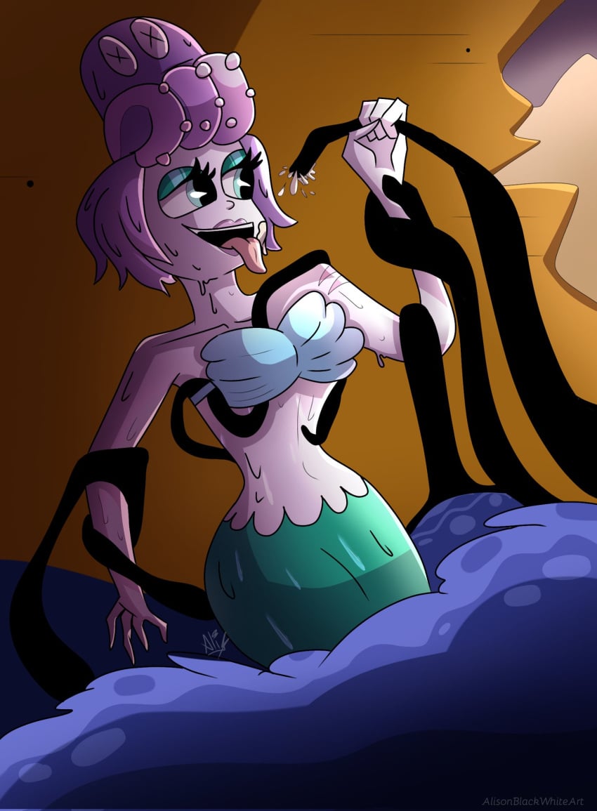 breasts cala_maria cuphead_(game) female giantess lustful_gaze mermaid mermaid_giantess tentacle tongue