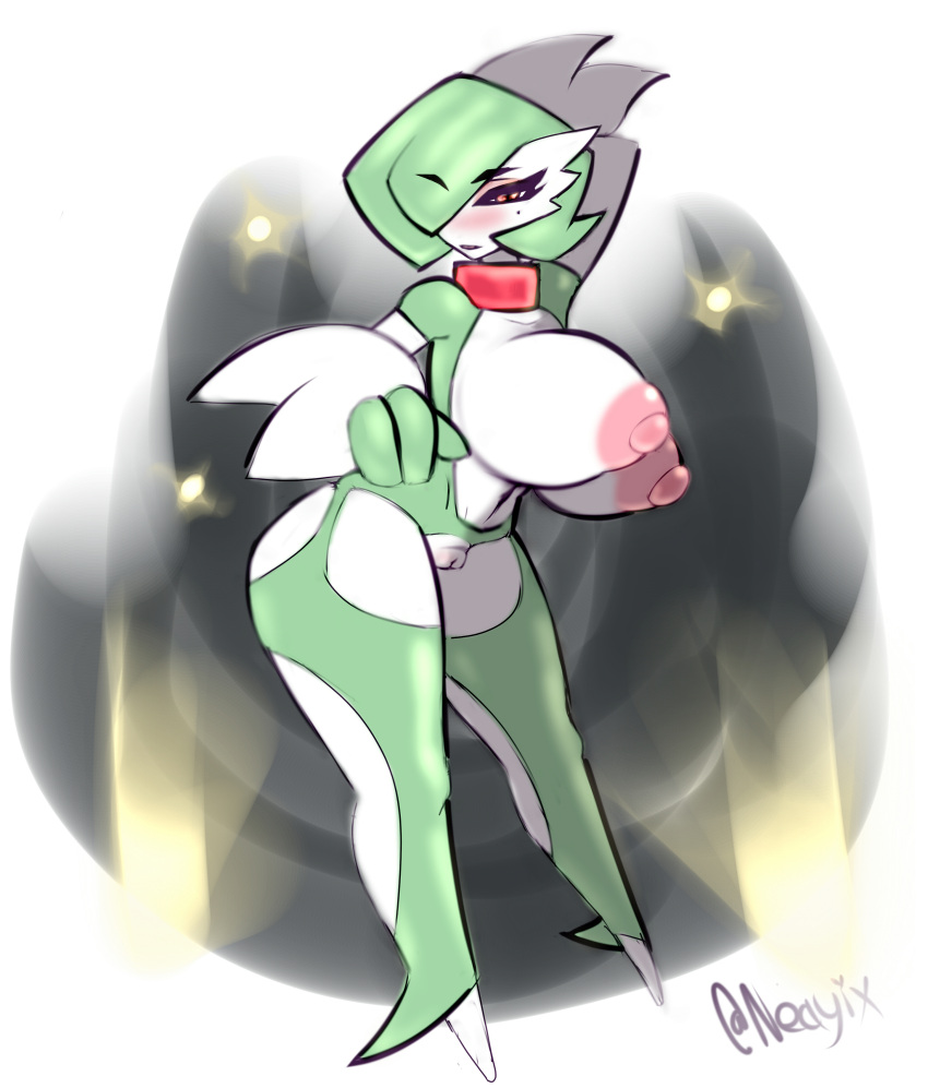 1girls 2022 areolae big_nipples blush breasts choker clothed clothing female female_only functionally_nude gardevoir green_hair huge_breasts humanoid mostly_nude neayix nipples pokemon pokemon_(species) pussy solo standing thick_thighs white_skin wide_hips