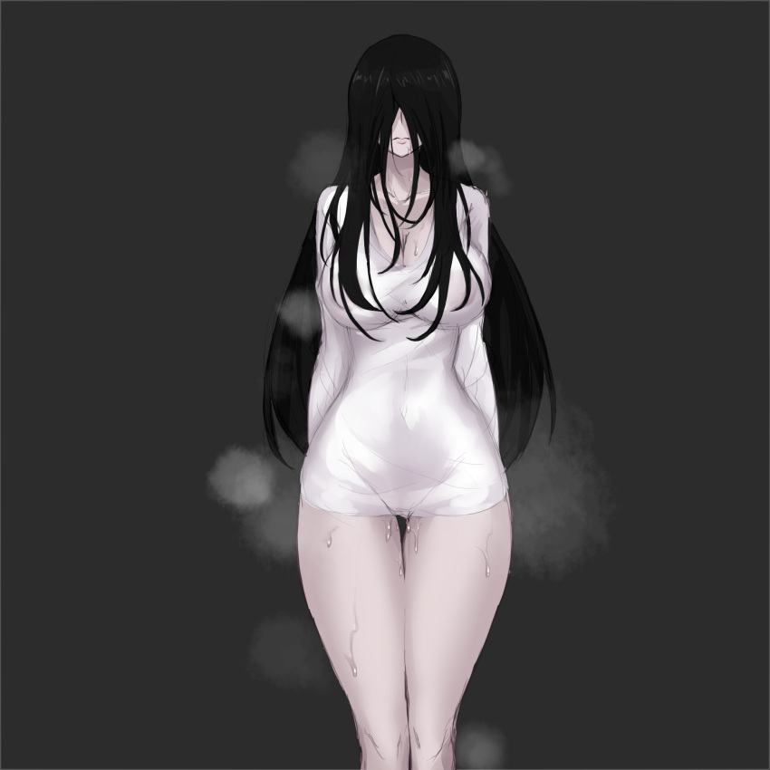 bangs black_hair blush bottomless breasts breath chinese_commentary cleavage closed_mouth commentary_request covered_nipples feet_out_of_frame female hair_between_eyes highres large_breasts long_hair long_sleeves partial_commentary pussy pussy_juice simple_background solo steaming_body the_ring thigh_gap yamamura_sadako yeklsa