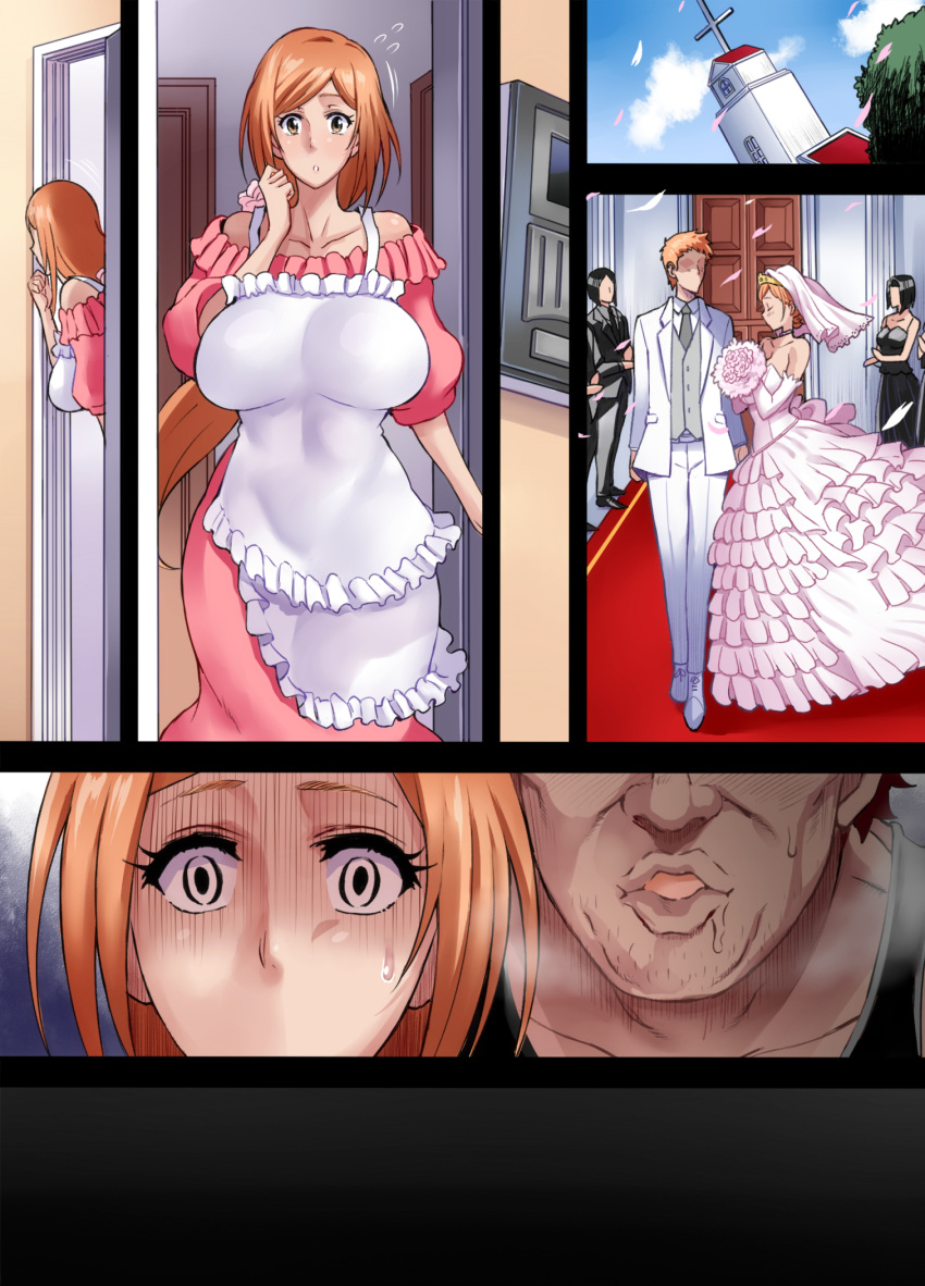 1girls 2boys apron big_ass big_breasts bleach blush cheating cheating_wife cleavage clothed clothed_female clothes clothing cuckold faceless_male female female_only fully_clothed haikawa_hemlen huge_breasts inoue_orihime large_breasts long_hair milf netorare ntr orange_eyes orange_hair sheera_(artist) skimpy very_long_hair wedding wedding_dress wide_hips