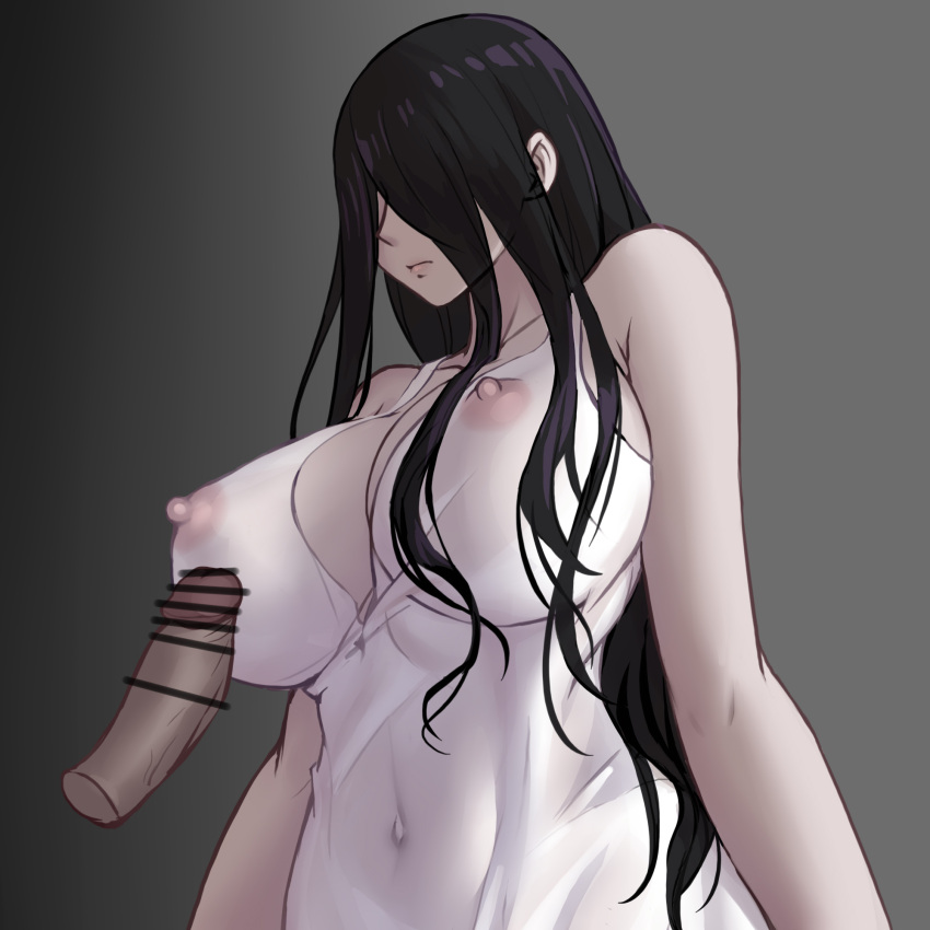 1boy bangs bar_censor black_hair breasts censored chinese_commentary closed_mouth commentary_request covered_navel covered_nipples dress expressionless female gradient gradient_background grey_background hair_between_eyes hair_over_eyes highres large_breasts long_hair partial_commentary penis solo_focus straight the_ring upper_body white_dress yamamura_sadako yeklsa