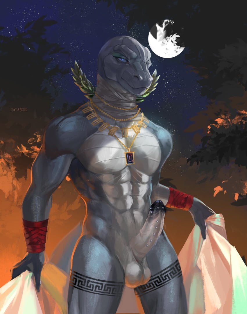 absurd_res anthro balls black_glans black_mamba blue_eyes drapery egyptian elapid_(snake) erection foreskin front_view gem genital_piercing genitals glans glans_piercing gold_(metal) greek grey_body hellenistic hi_res humanoid_genitalia humanoid_penis jewelry laurel_wreath leg_tattoo light looking_at_viewer male male_only mamba meander moon moonlight night nude penis penis_piercing pharaoh piercing plant ptolemy_xii rednoir_(artist) reptile royalty scalie snake solo standing star stud_piercing tattoo tree uatanoir uncut_penis vein veiny_penis wrappings