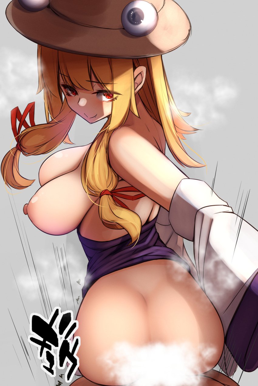 1boy alternate_eye_color ass blonde_hair breasts breasts_out detached_sleeves dress fang fang_out female hair_ribbon hat heart heart-shaped_pupils highres long_hair nipples purple_dress red_eyes red_ribbon ribbon sex simple_background smile steaming_body suwako_moriya symbol-shaped_pupils touhou white_background white_sleeves wide_sleeves yukito_(dreamrider)