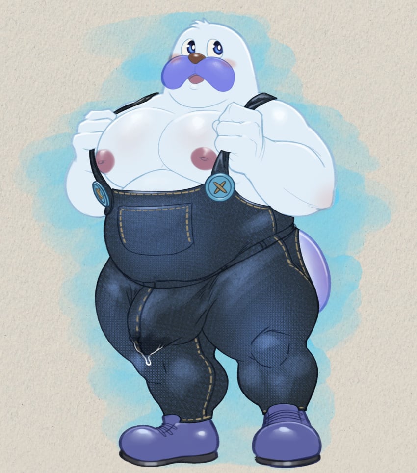 anthro big_bulge big_pecs blue_eyes blush bodily_fluids boots bulge clothing footwear genital_fluids grey_background hi_res hunnipanda kirby_(series) male male_only mammal marine mr._frosty mr._frosty_(kirby) musclegut muscular muscular_male nintendo overalls pecs pinniped precum simple_background solo walrus white_body