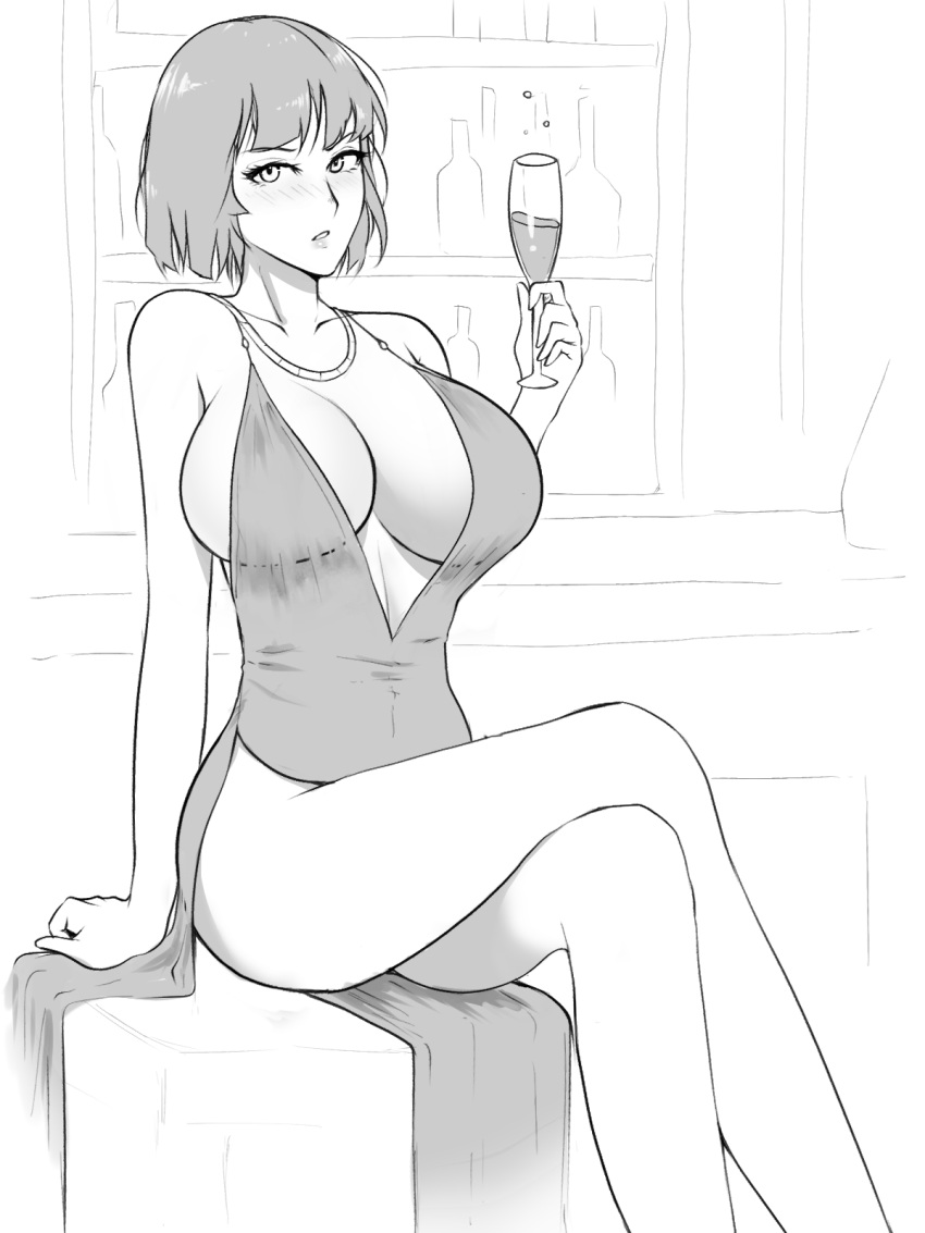 1girls alcohol bar bare_shoulders big_breasts blush blushing bob_cut bottle breasts cleavage clothes clothing collarbone covered_navel covered_nipples cup curvaceous curvy curvy_female curvy_figure dress drink exposed_breasts exposed_legs exposed_thighs female female_focus female_only front_view fubuki_(one-punch_man) ganzu greyscale jewelry large_breasts legs legs_crossed legs_together lips lipstick looking_at_viewer medium_hair midriff necklace one-punch_man pose seducing seductive seductive_eyes seductive_look seductive_mouth short_hair sitting solo solo_female solo_focus thick thick_thighs thighs voluptuous white_background