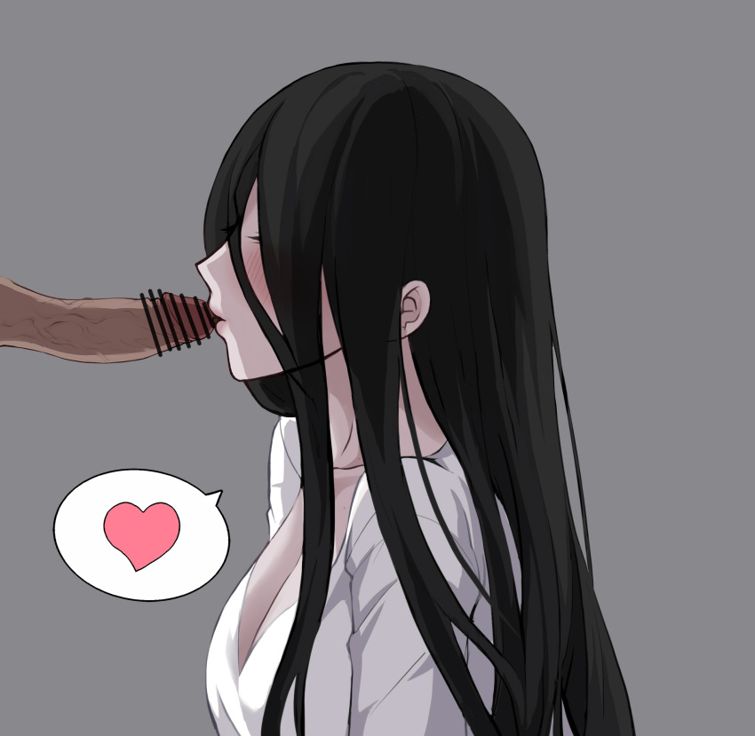 1boy bangs bar_censor black_hair breasts censored chinese_commentary cleavage commentary_request female food grey_background hair_over_eyes heart highres large_breasts long_hair male_penetrated male_urethral_insertion open_mouth partial_commentary penis pocky pocky_day profile shirt simple_background solo_focus spoken_heart straight the_ring upper_body urethral_insertion veins veiny_penis white_shirt yamamura_sadako yeklsa