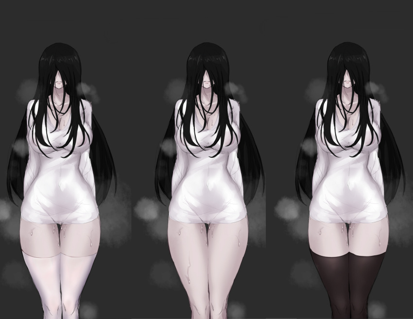 bangs black_hair black_legwear blush bottomless breasts breath chinese_commentary cleavage closed_mouth commentary_request covered_nipples feet_out_of_frame female hair_between_eyes highres large_breasts long_hair long_sleeves partial_commentary pussy pussy_juice simple_background steaming_body the_ring thigh_gap thighhighs white_legwear yamamura_sadako yeklsa