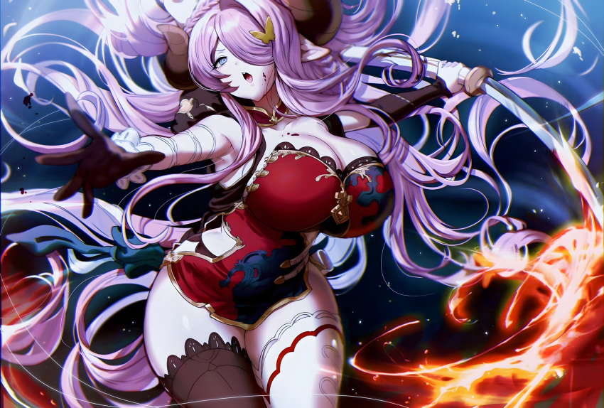 1girls asymmetrical_clothes blood breasts draph draph_race_(granblue_fantasy) female female_only granblue_fantasy hair_ornament hair_over_one_eye holding_object holding_weapon horns huge_breasts katana large_breasts narmaya_(granblue_fantasy) oh_(aung_ae) purple_hair solo solo_focus thick_thighs voluptuous