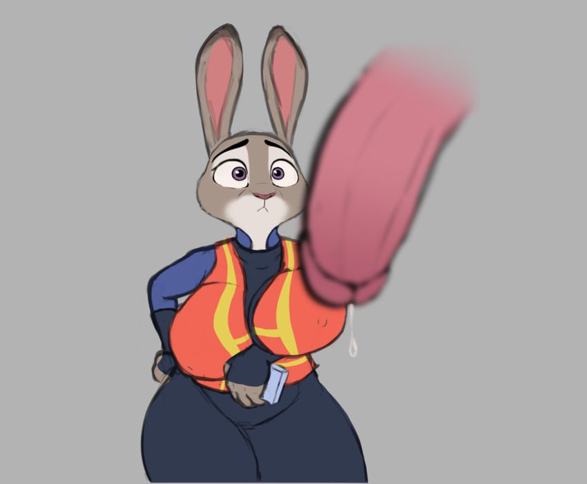 anthro big_breasts bodily_fluids breasts clothed clothing cum disney erect_nipples erect_nipples_under_clothes female fur genital_fluids genitals grey_background grey_body grey_fur hi_res huge_breasts judy_hopps lagomorph large_breasts leporid male mammal mr_dark_and nipple_outline penis precum rabbit simple_background zootopia