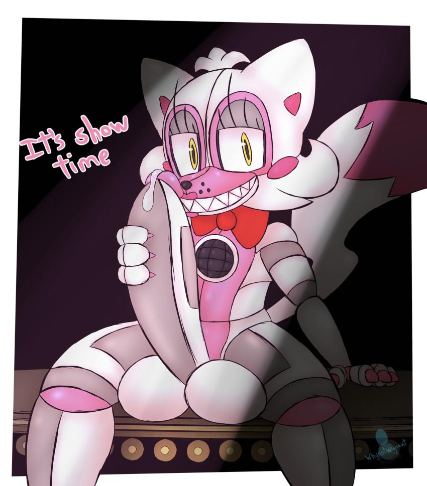 2022 4_fingers animatronic anthro balls big_balls big_eyes big_penis black_nose bodily_fluids bow_tie canid canine claws dialogue digital_media_(artwork) dripping english_text erection eyelashes fingers five_nights_at_freddy's fox funtime_foxy_(fnaf) funtime_foxy_(fnafsl) genital_fluids genitals glans grey_body hand_on_own_penis hand_on_penis hi_res holding_penis huge_balls huge_cock humanoid_genitalia humanoid_penis long_eyelashes machine male male_only mammal multicolored_body nude penis pink_body pink_glans precum precum_drip presenting presenting_penis robot rosy_cheeks scottgames shaded signature simple_background sitting smile solo solo_male teeth text video_games white_body whynotwynaut yellow_eyes