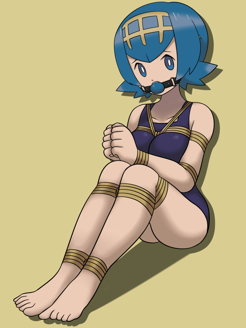 1girls arms_tied ball_gag blue_ball_gag blue_eyes blue_hair blue_one-piece_swimsuit blue_swimsuit bondage breasts dankestofdans gag gagged hairband lana_(pokemon) legs_tied looking_at_viewer medium_breasts mob_face nintendo one-piece_swimsuit pokemon pokemon_sm rope rope_between_breasts rope_bondage shibari_over_clothes short_hair sitting swimsuit