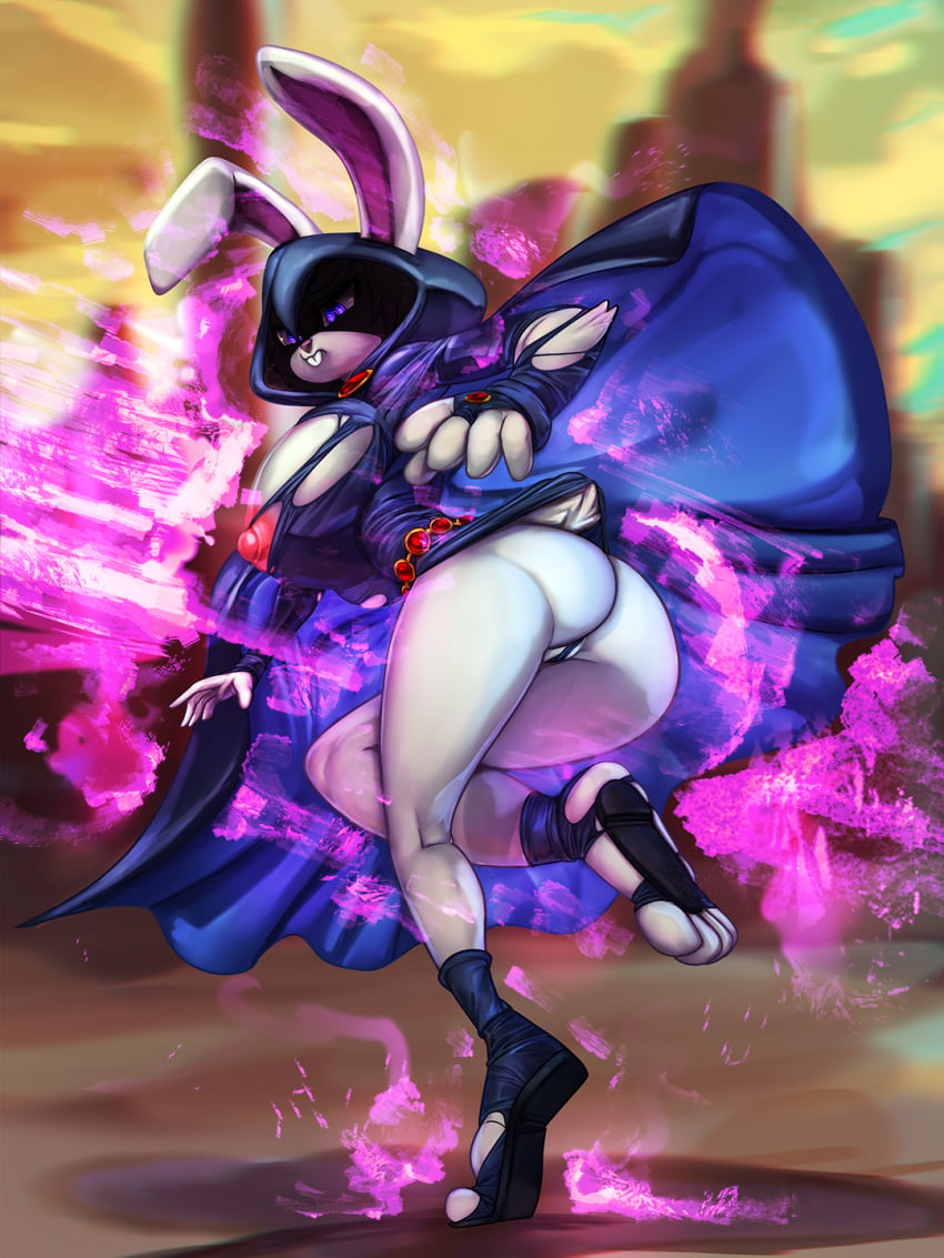 3:4 anthro ass big_breasts big_butt black_nose blue_cape breasts buckteeth bunny_raven clothing dc_comics digital_media_(artwork) energy_beam female fur general-irrelevant hi_res lagomorph leporid mammal nipples on_one_leg rabbit raven_(dc) solo standing teeth torn_clothing transformation white_body white_fur