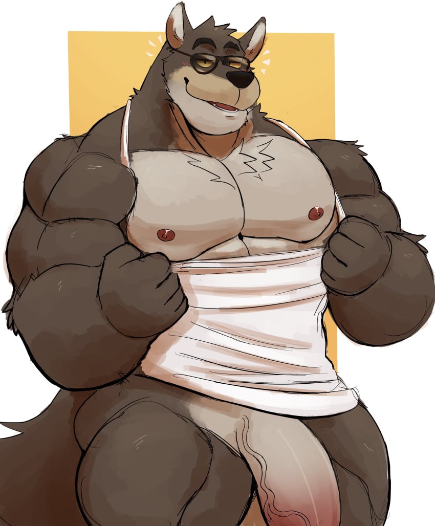 absurdres anthro big_penis bottomless brown_body brown_fur canid canine canis dreamworks eyewear fur furry genitals highres huge_cock male male_only mammal mr._wolf_(the_bad_guys) muscular muscular_anthro muscular_male nipples pecs penis shirt solo sunglasses tank_top testicles the_bad_guys thick_penis topwear vitashi wolf