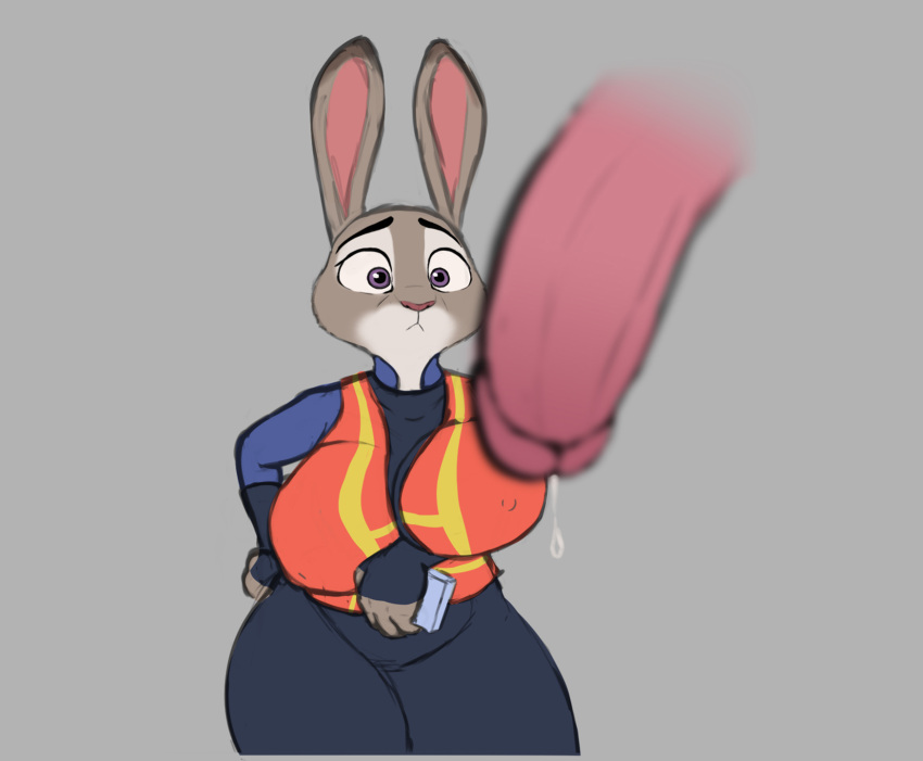 anthro big_breasts bodily_fluids breasts clothed clothing cum disney erect_nipples erect_nipples_under_clothes female fur genital_fluids genitals grey_background grey_body grey_fur hi_res huge_breasts judy_hopps lagomorph large_breasts leporid looking_at_genitalia looking_at_penis male mammal mr_dark_and nipple_outline penis precum rabbit simple_background zootopia