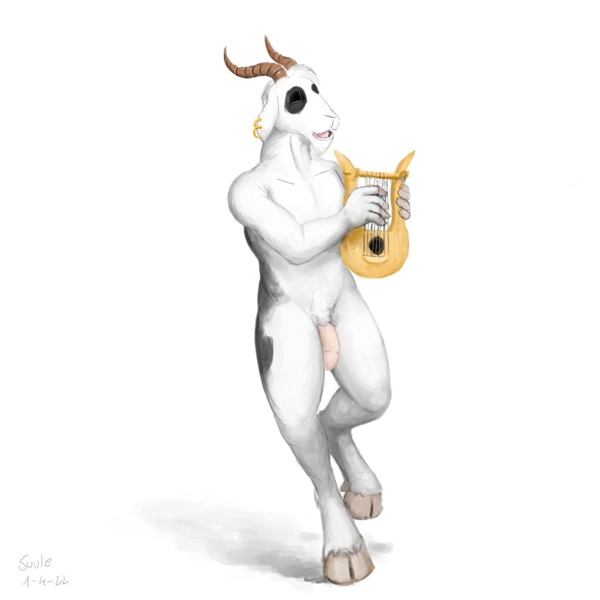 1:1 2022 anthro biped closed_eyes ear_piercing ear_ring flaccid genitals harp hi_res hooves horn male male_only musical_instrument nude open_mouth penis piercing plucked_string_instrument satyr simple_background solo standing string_instrument suule white_background