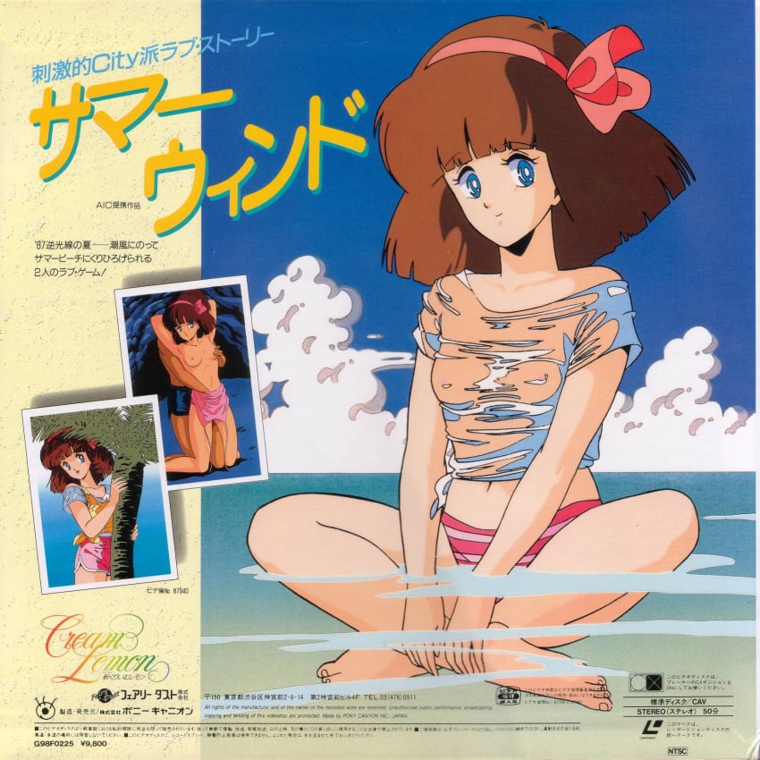 1boy1girl 1girls 80s ambiguous_gender artist_request beach bikini blue_eyes bow breast_grab breasts brown_hair character_request clothing cream_lemon fingering highres japanese_text nipples open_mouth short_hair text translation_request tree wet_t-shirt white_skin