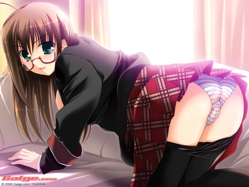 ahoge all_fours ass blazer blue_panties blush breasts brown_hair clothing couch galge.com game_cg glasses green_eyes long_hair looking_back miniskirt open_clothes open_mouth open_shirt panties pantyhose pantyhose_pull plaid pleated_skirt pussy pussy_juice school_uniform see-through see-through_panties seifuku shirt sideboob skirt striped striped_panties tartan trefoil uncensored underwear wallpaper watermark wet wet_panties yukirin