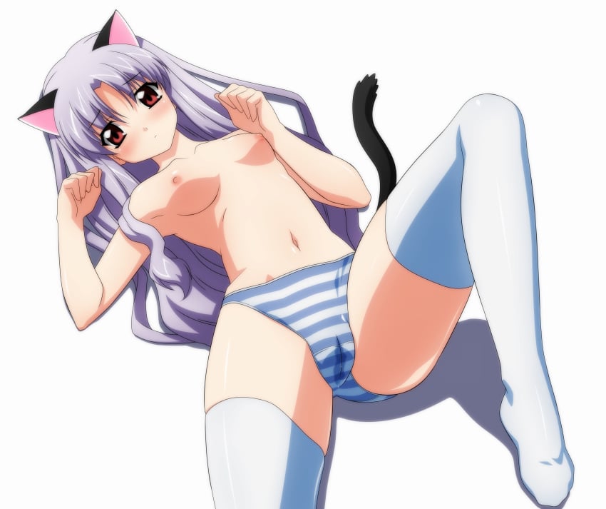 1girls animal_ears azmaria azmaria_hendric blue_panties blush breasts cameltoe cat_ears cat_pose cat_tail chrono_crusade erect_nipples female flat_chest high_resolution lavender_hair long_hair lying nipples no_bra on_back panties paw_pose petite pussy_juice red_eyes solo spread_legs stockings striped striped_panties sugimura_tomokazu tail thighhighs topless underwear underwear_only wave_ride wet_panties wet_pussy wet_spot white_legwear white_thighhighs