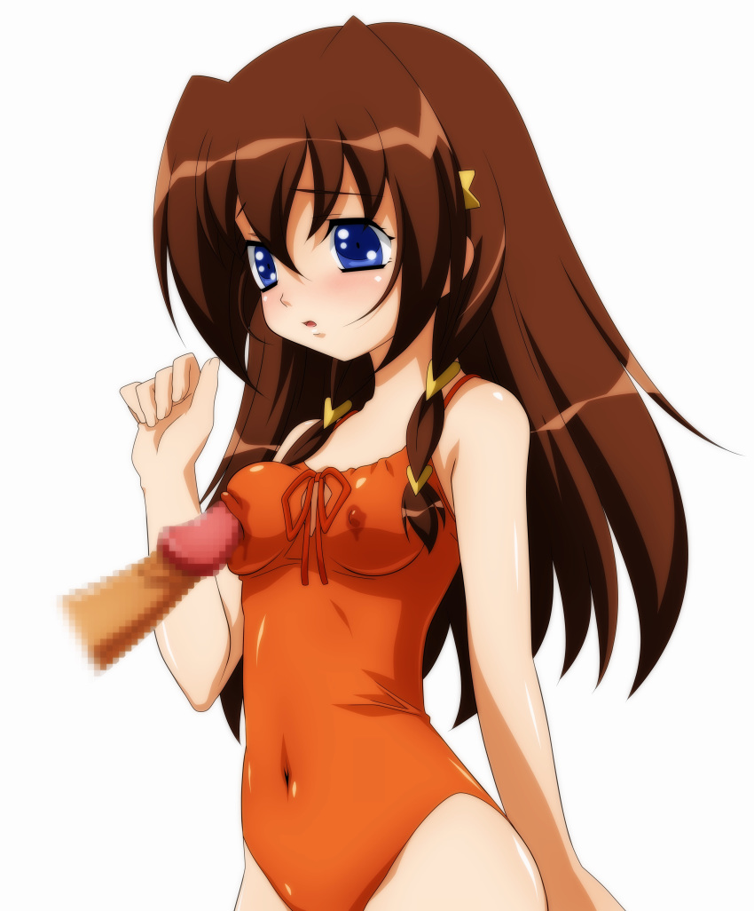 blue_eyes blush breast_poke brown_hair casual_one-piece_swimsuit censored erect_nipples high_resolution long_hair magic_penis navel nipple_tweak one-piece_swimsuit penis penis_poking_breast penis_poking_nipple poke poking precum simple_background solo sugimura_tomokazu swimsuit tachibana_ichika utakata wave_ride