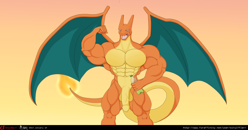 1boy abs absurdres anthro beefy biceps big_penis blue_skin bottle charizard dragon exercise fire flexing gym half-closed_eyes hi_res holding huge_muscles male male_only muscular nintendo no_nipples nude orange_background orange_skin original_character pecs penis pokemon pokemon_(species) solo standing tail testicles text tongue veins veiny_penis video_games wings workout yellow_skin yiffler