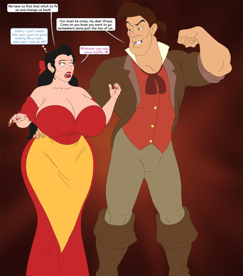 1boy 1girls beauty_and_the_beast_(1991_film) bimbo bimbofication black_hair disney disney_villains gaston gender_transformation genderswap genderswap_(mtf) huge_breasts lefou magic muscle_growth muscular muscular_male rule_63 saturnxart size_difference thought_bubble transformation